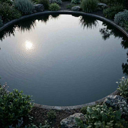 Reflection of the sun in a pond in a garden with plants