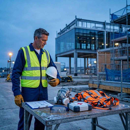 Engineer working on construction site with helmet and safety equipment at night