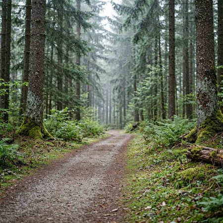 Path through the evergreen forest in the morning. Misty weather.