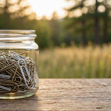 Paper clips in glass jar on a wooden table in the forest.