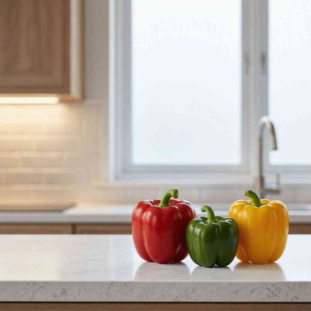 Red, green and yellow bell peppers on a white marble countertop