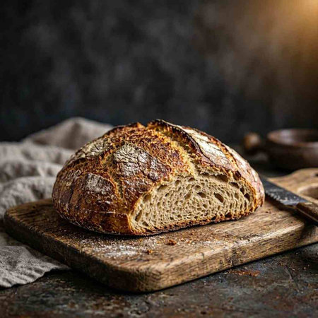 Loaf of bread on a cutting board. Dark rustic background.