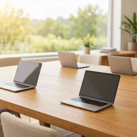 Laptop with blank screen on wooden table in cafe, stock photo