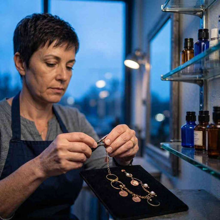 A female jeweler works in a jewelry shop. She is wearing a dark blue apron.