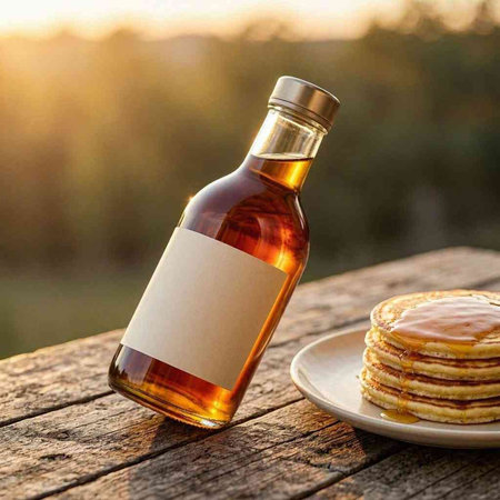 Bottle of whiskey and stack of pancakes on wooden table at sunset