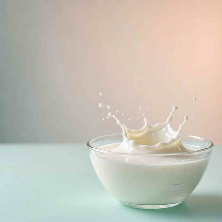 Milk splash in a glass bowl on a pastel background.