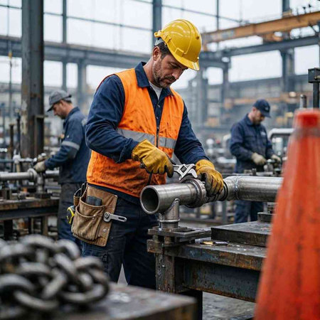 Industrial workers working in a metallurgical plant. Selective focus.