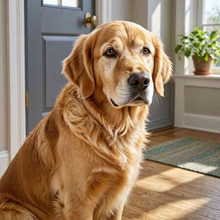 Golden Retriever dog sitting in front of a door in a room