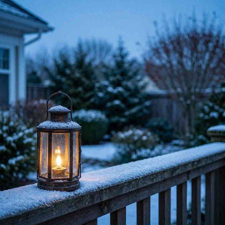 Lantern on a wooden fence with snow in the background.