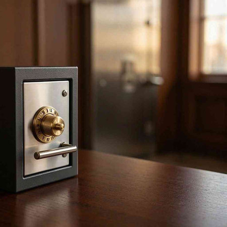 A 3D render of a metal safe with a combination lock.