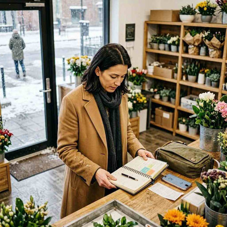 Mature woman florist working in flower shop. Floristry concept.