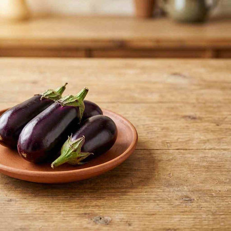 Eggplants in a clay plate on a wooden table.