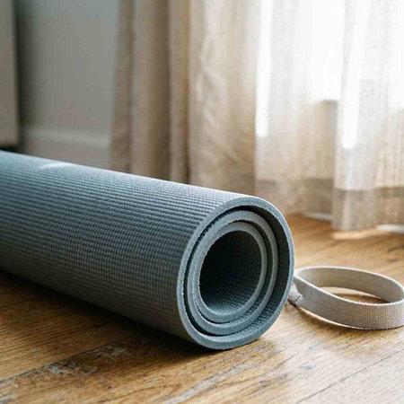 A rolled up yoga mat on a wooden floor with a window in the background