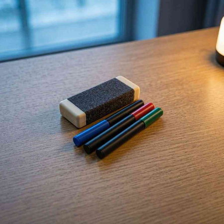 Set of markers for drawing on a wooden table in the office.