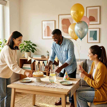 Group of multiracial friends celebrating birthday together at home. Cheerful young people having fun while celebrating birthday together.