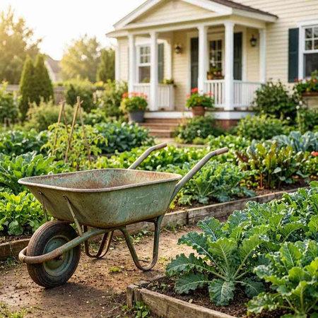 Gardening in the garden with wheelbarrow and kale.