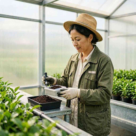 Senior woman working in a greenhouse with seedlings on the windowsill