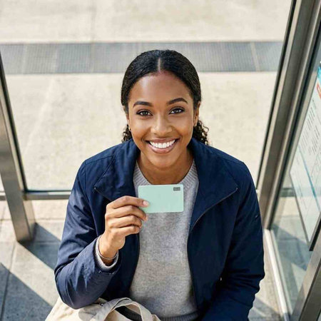 Portrait of a smiling young african american woman holding credit card