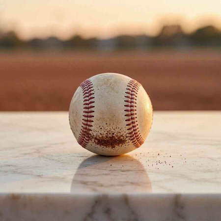 Baseball on the white marble table with copy space, soft focus