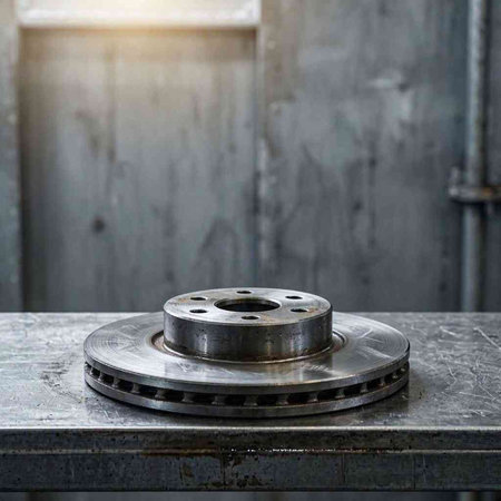 Car brake disc on a metal table in a car repair shop.