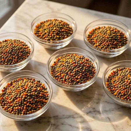 Mixed lentils in small glass bowls on a marble countertop