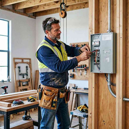 Carpenter at work in his workshop. Confident mature male carpenter working with electrical panel.