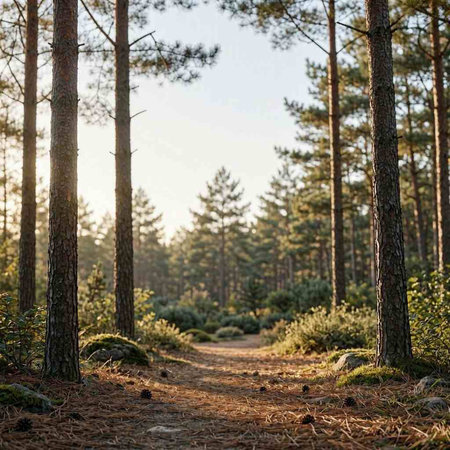 Morning in the pine forest. Beautiful landscape with a path in the forest.