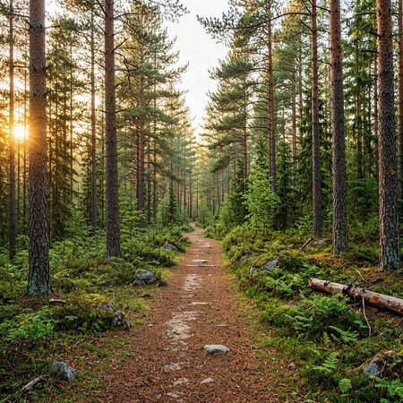Sunset in the coniferous forest. A path in the woods.