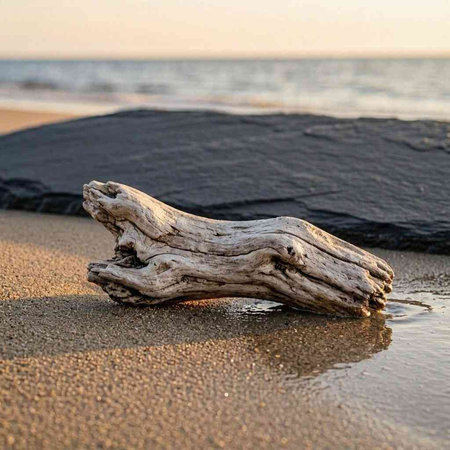 A piece of driftwood on a sandy beach in the evening.