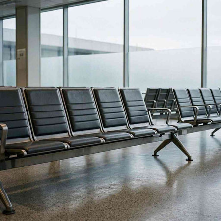 Waiting area at the airport, empty seats in the terminal.