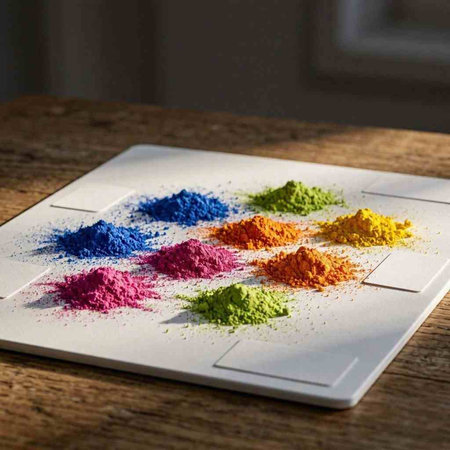 Colorful holi powder on a wooden table. Selective focus.