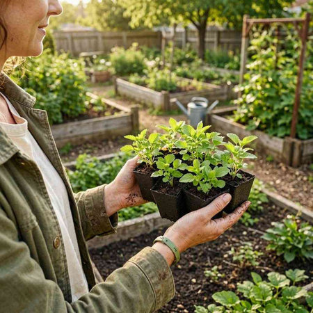 Female gardener holding a seedling in a pot in her garden