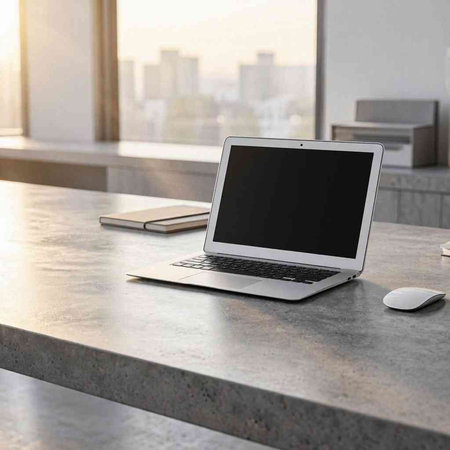Laptop on table in modern office. Workplace concept. 3D Rendering