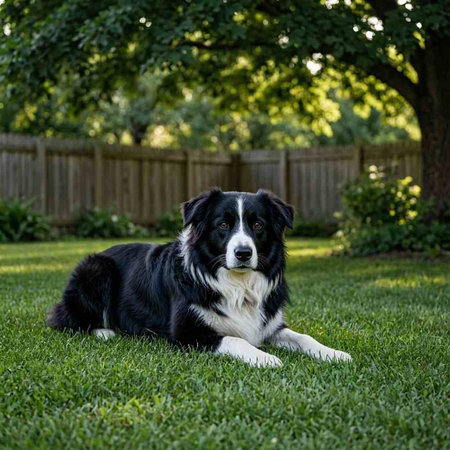 Funny portrait of border collie dog lying on green grass in backyard.