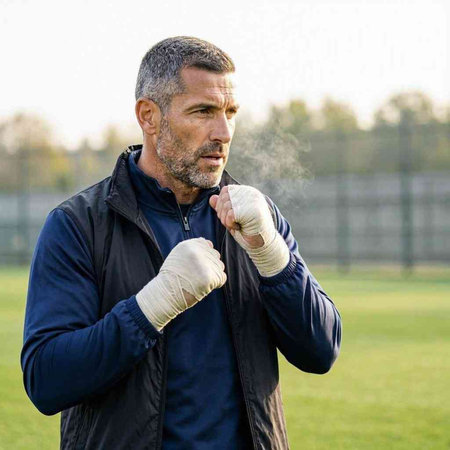 Portrait of a middle-aged man boxing on the sports field