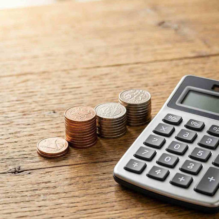 Calculator and coins on wooden table background. Financial concept.