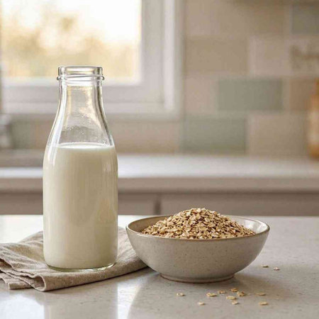 Milk in a bottle and oat flakes on the kitchen table