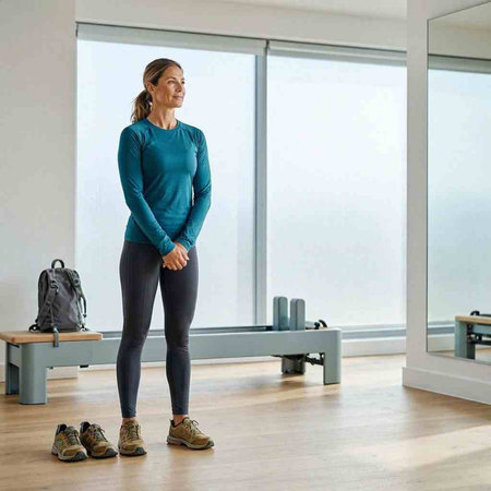Portrait of mature woman in sportswear standing in fitness studio