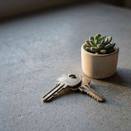 Key and succulent in a pot on a gray concrete background.