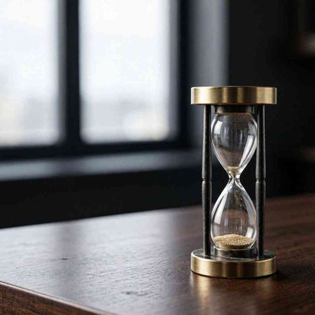 Hourglass on a wooden table. The concept of time passing.