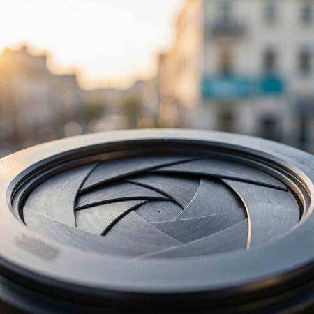 Detail of a camera lens on a blurred background of the city
