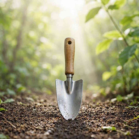Shovel on the ground in the garden. Gardening concept
