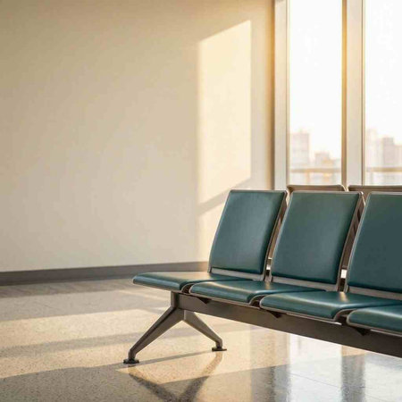 Waiting room with green chairs in airport. 3D Rendering