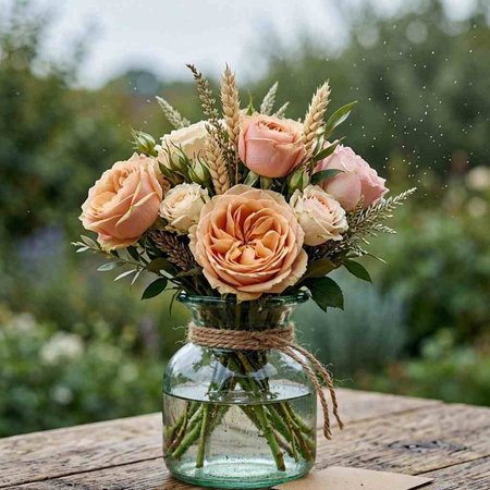 Bouquet of roses in a vase on a wooden table