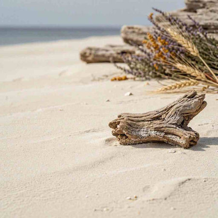 Close-up of driftwood and lavender on a sandy beach