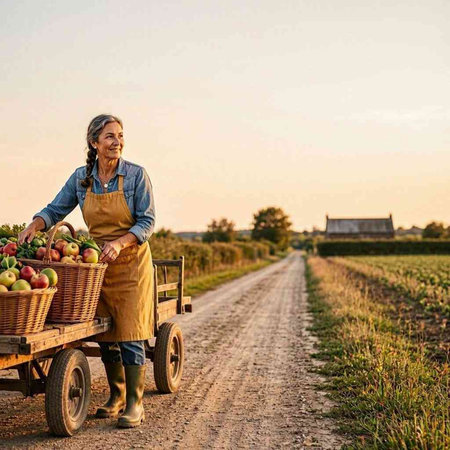 Senior woman with box of harvested apples standing on country road at sunset