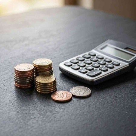 calculator and coins on the table, business concept of finance