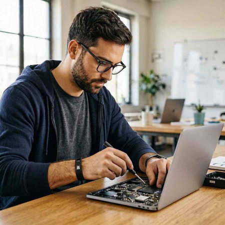 Man Repairing Laptop Computer Service Maintenance Concept. High quality photo