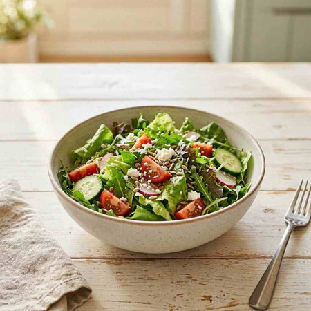 Healthy salad with tomato, cucumber, lettuce and sesame seeds