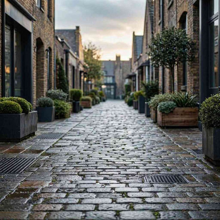 Old cobblestone street in the city of Bruges, Belgium